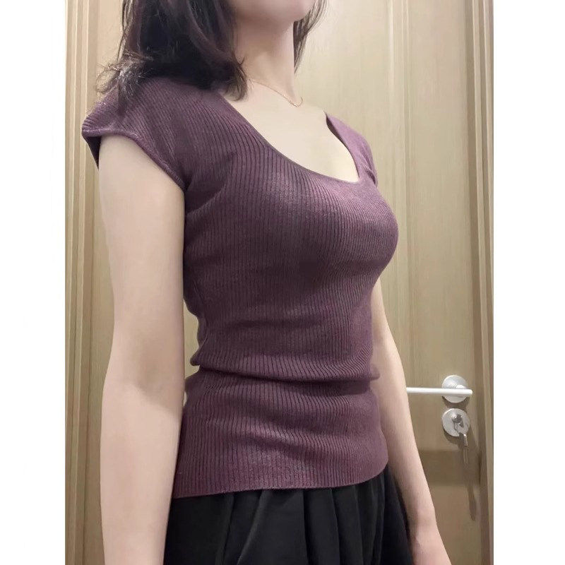 品牌折扣正品女装断码清仓特价不能退换紫色纯欲U领针织短袖t恤女