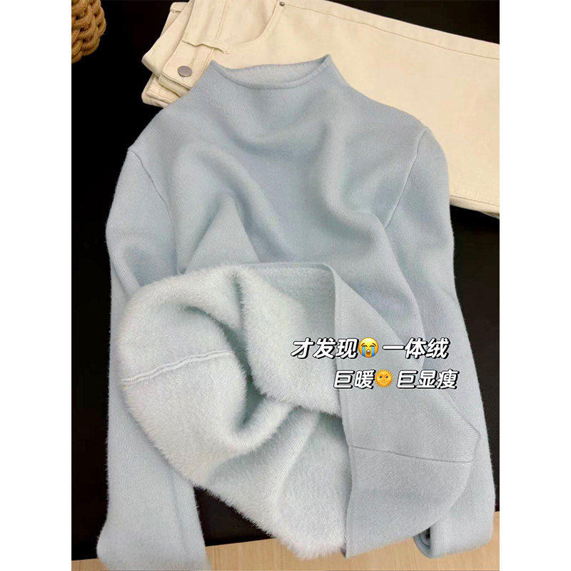 品牌折扣正品女装断码清仓特价不能退换蓝色半高领加厚一体绒毛衣