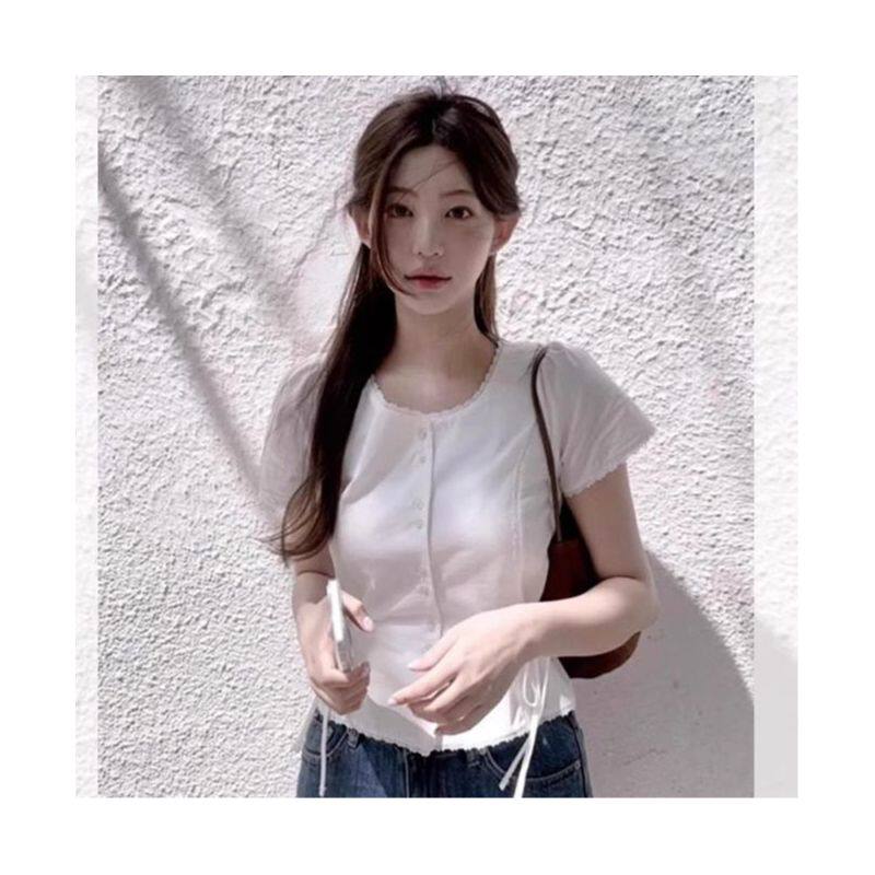 法式白色蕾丝短袖衬衫女夏季新款小个子修身掐腰短款上衣