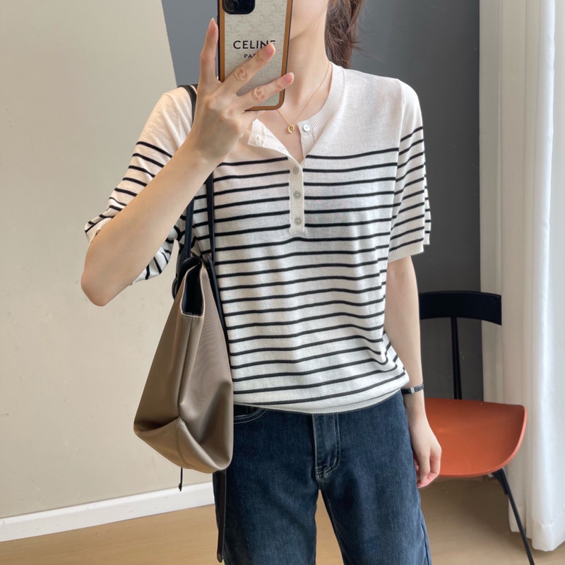 品牌折扣正品女装断码清仓特价不能退换条纹冰丝针织衫t恤女夏