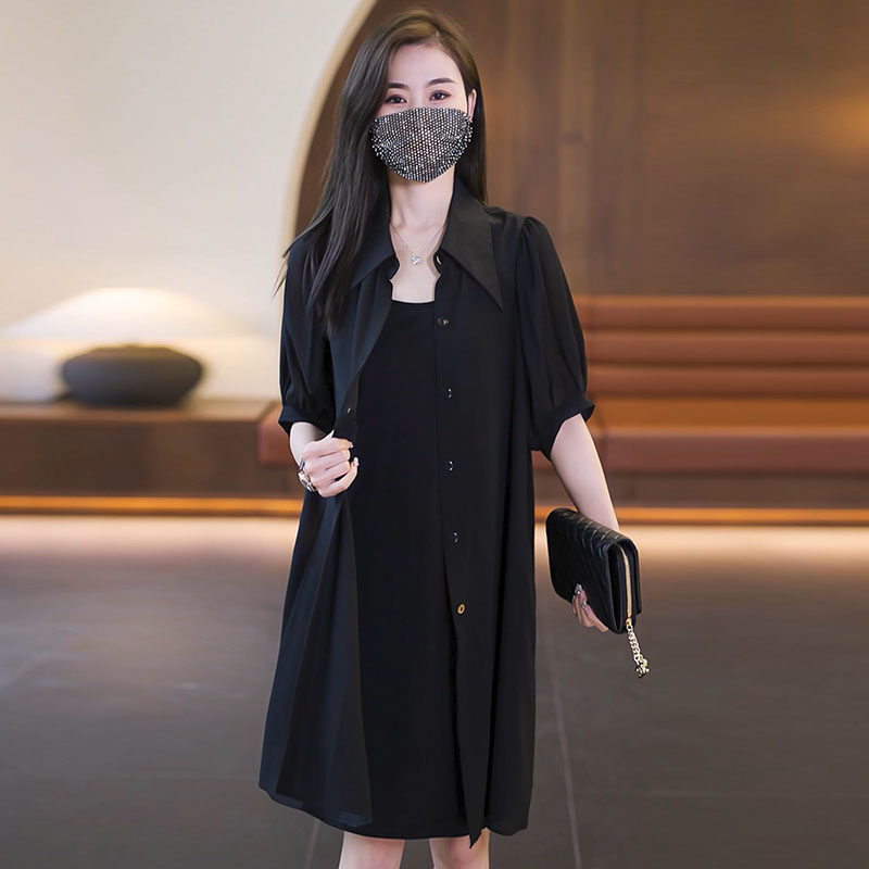 品牌折扣正品女装断码清仓特价不能退换短袖黑色雪纺衬衫领连衣裙
