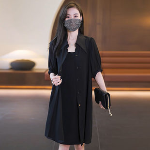 品牌折扣女装断码特价不能退换短袖黑色雪纺衬衫领连衣裙