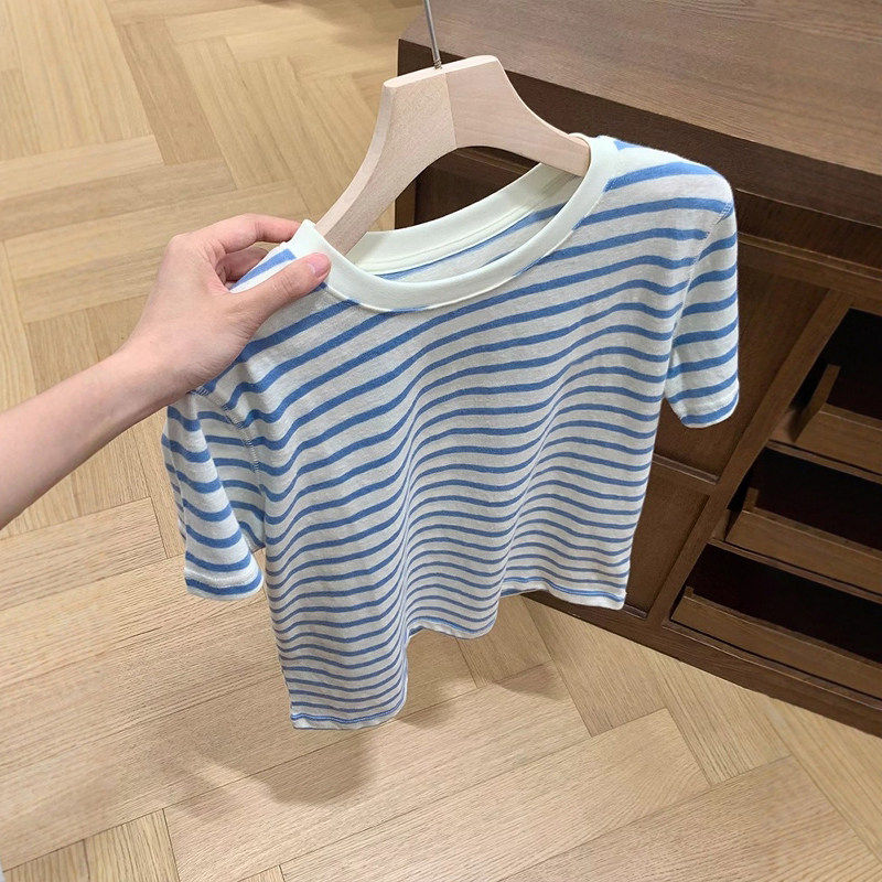 品牌折扣正品女装断码清仓特价不能退换蓝色正肩条纹冰丝短袖t恤