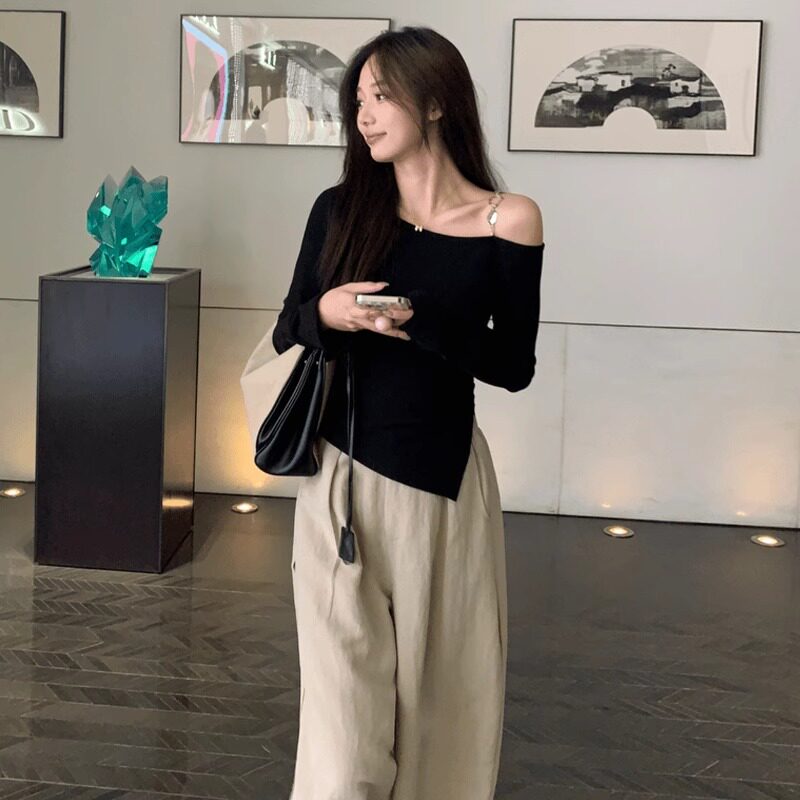 品牌折扣正品女装断码清仓特价不能退换黑色斜肩针织打底衫女春秋