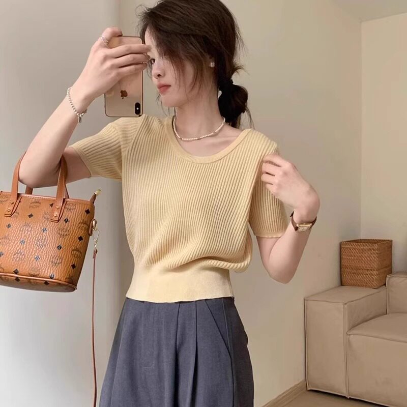 品牌折扣正品女装断码清仓特价不能退换黄色正肩圆领针织短袖t恤