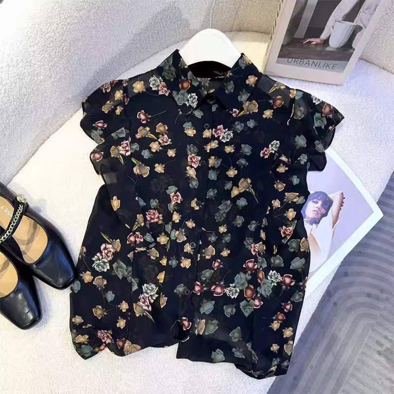 品牌折扣正品女装断码清仓特价不能退换气质雪纺碎花衬衫女夏