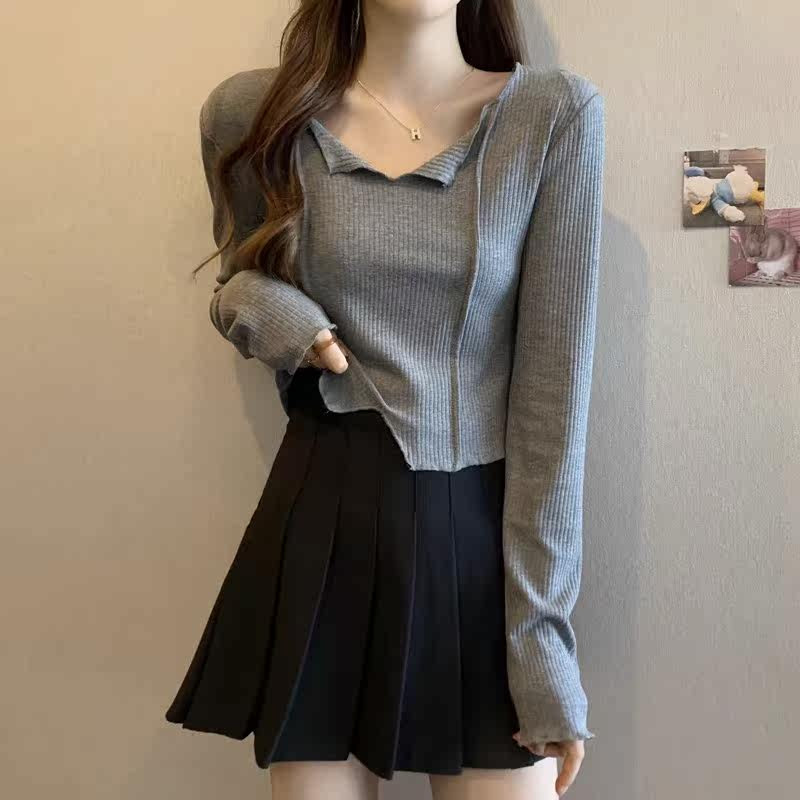 品牌折扣正品女装断码清仓特价不能退换灰色V领长袖T恤女秋冬新款