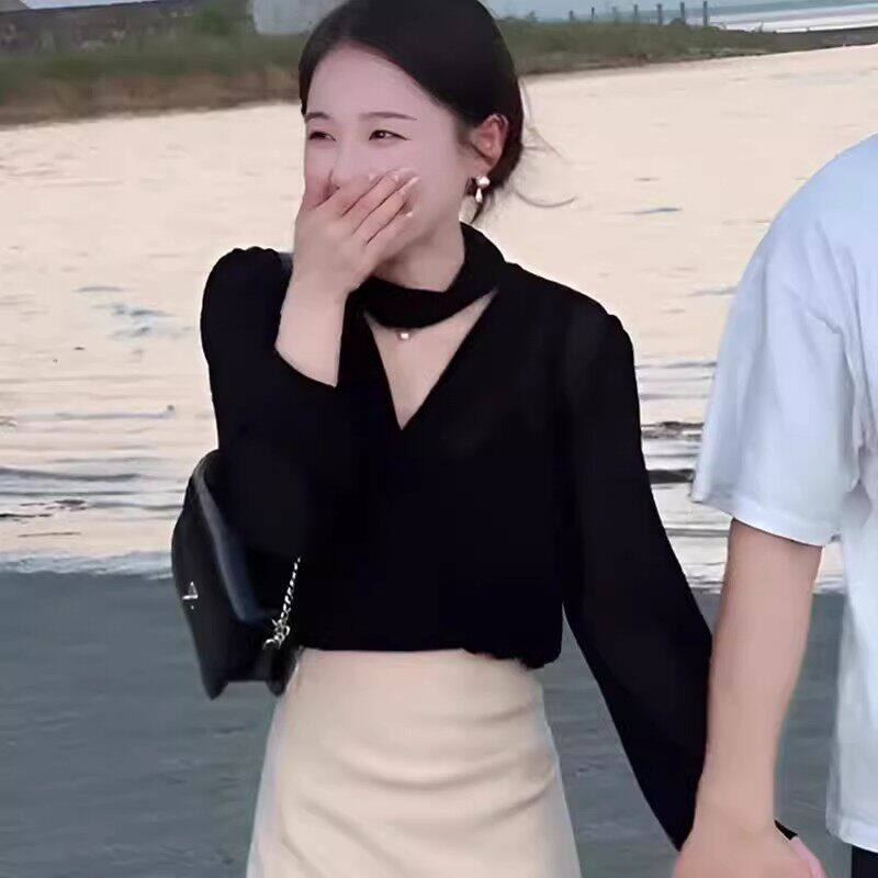 品牌折扣正品女装断码清仓特价不能退换法式气质黑色V领衬衫女秋
