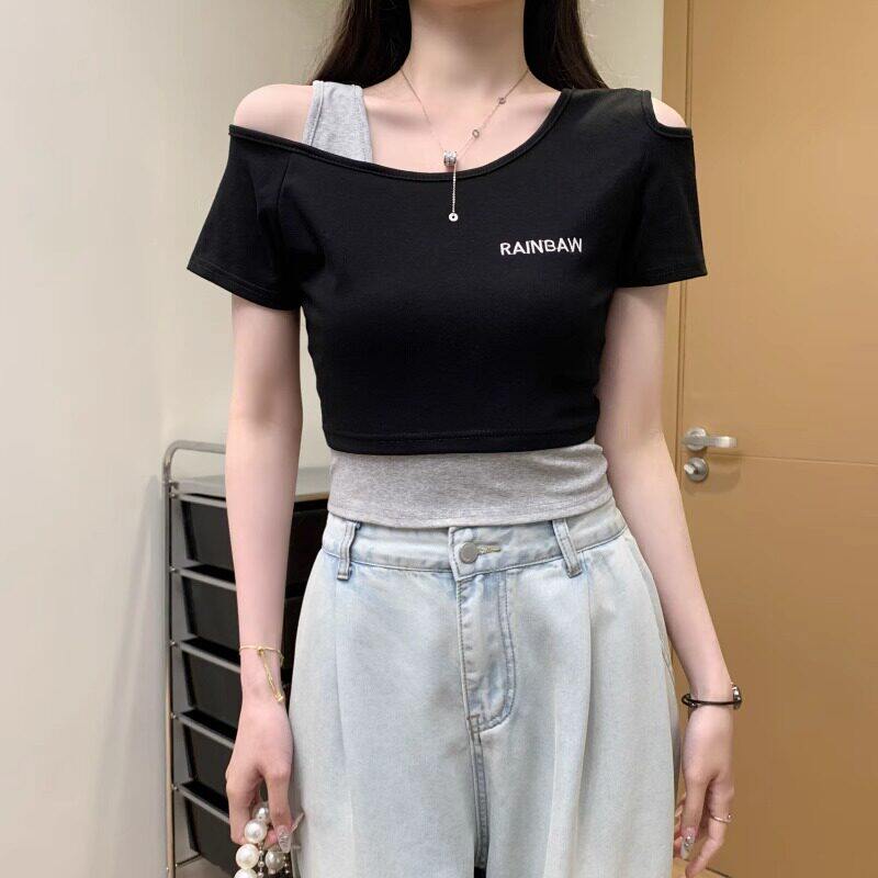 品牌折扣正品女装断码清仓特价不能退换黑色假两件露肩短袖t恤女