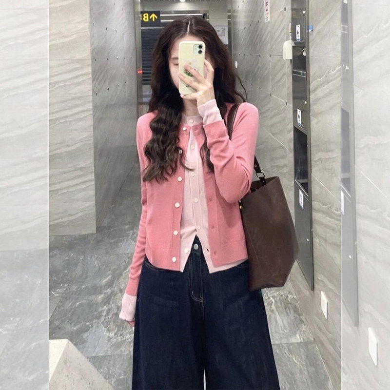 品牌折扣正品女装断码清仓特价不能退换粉色假两件针织开衫女秋季