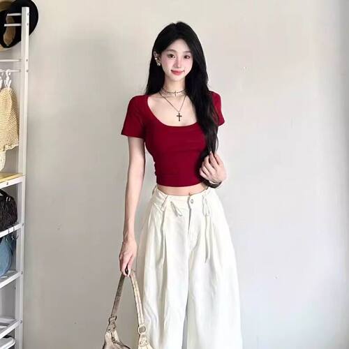 品牌折扣正品女装断码清仓特价不能退换红色辣妹正肩u领短袖t恤