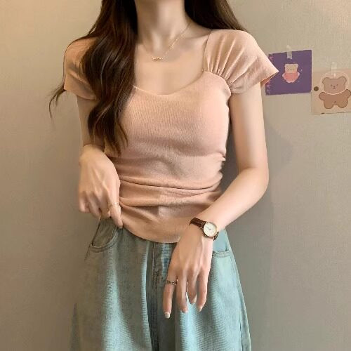 品牌正品女装衣服断码特价清仓 不接受退换-法式方领冰丝针织短袖
