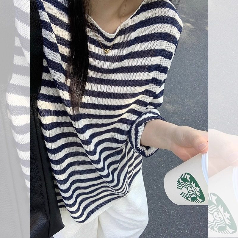 品牌正品女装衣服断码特价清仓 不退换-欧货条纹圆领针织长袖T恤