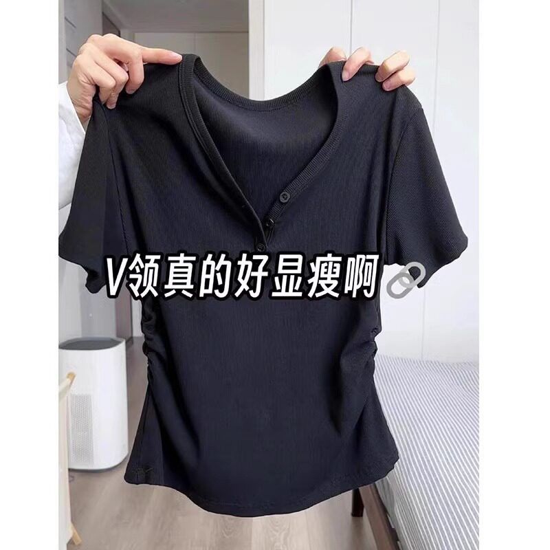 品牌折扣正品女装断码清仓特价不能退换v领灰色短袖T恤女夏季新款