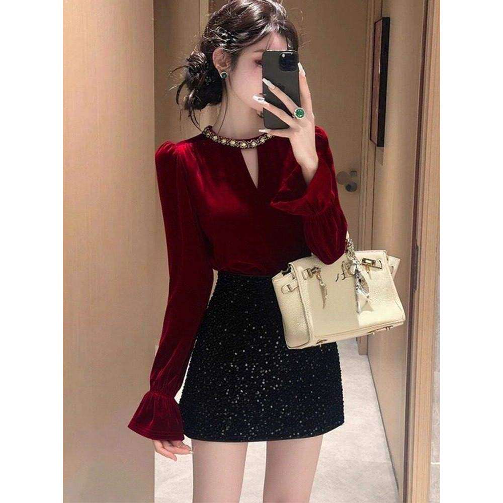 品牌正品女装衣服断码特价清仓 不退换-法式红色丝绒镂空上衣女秋