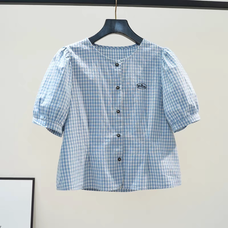 品牌折扣正品女装断码清仓特价不能退换蓝色格子衬衫短袖T恤女