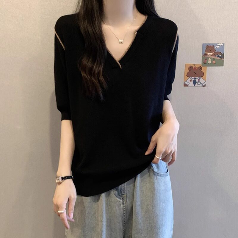 品牌折扣正品女装断码清仓特价不能退换黑色V领冰丝针织短袖T恤女