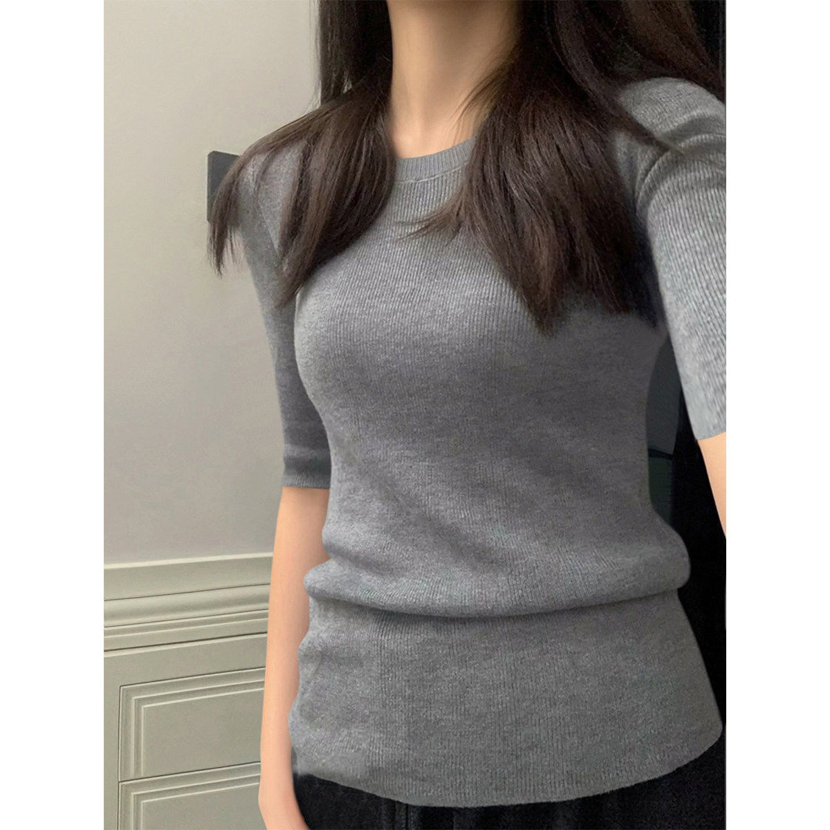 品牌正品断码特价清仓衣服 不退换-格雷灰圆领中袖毛衣秋季