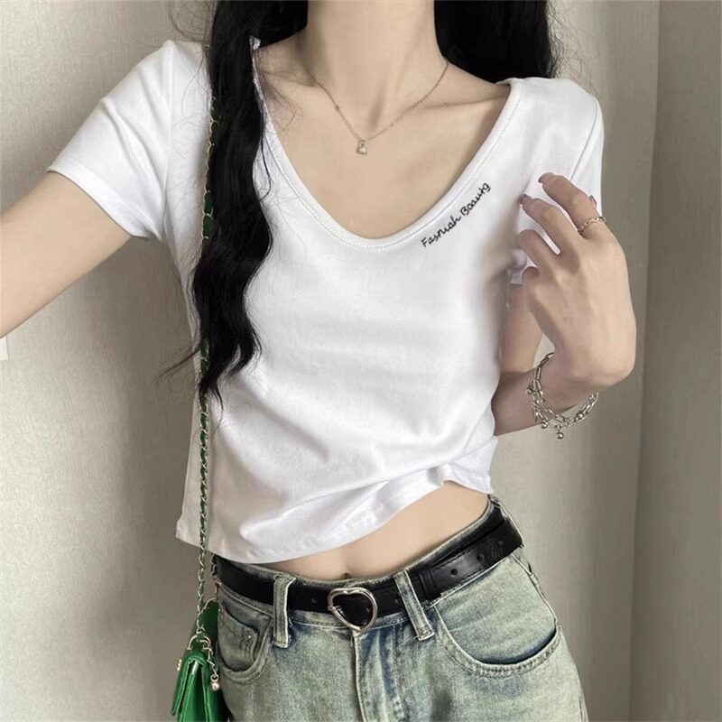 品牌折扣正品女装断码清仓特价不能退换v领设计感正肩短袖T恤女夏