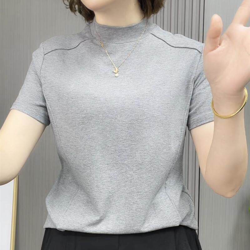 品牌折扣正品女装断码清仓特价不能退换灰色半高领短袖t恤女