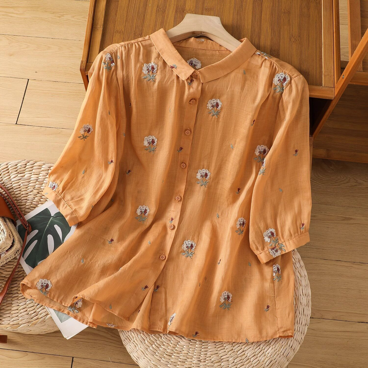 品牌正品女装衣服断码特价清仓 不接受退换-复古翻领苎麻刺绣衬衫