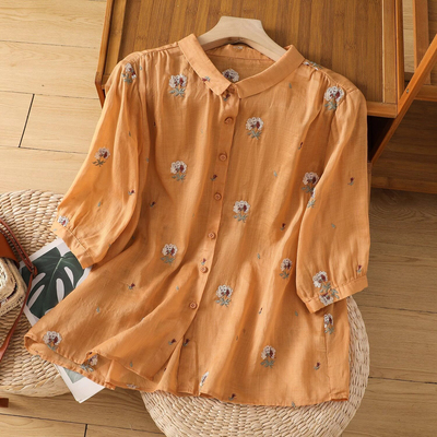 品牌正品女装衣服断码特价清仓 不接受退换-复古翻领苎麻刺绣衬衫