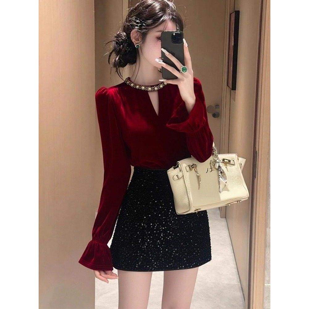 品牌正品女装衣服断码特价清仓 不退换-法式红色丝绒镂空上衣女秋