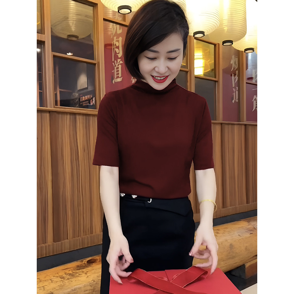 品牌折扣正品女装断码清仓特价不能退换酒红色半高领中袖打底衫女