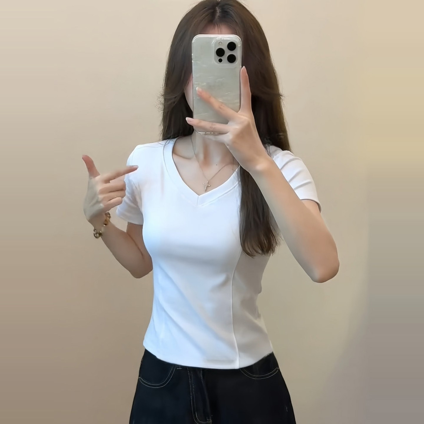 品牌折扣正品女装断码清仓特价不能退换白色V领鱼骨显瘦棉短袖t恤
