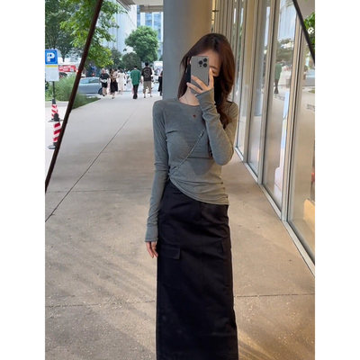 品牌折扣正品女装断码清仓特价不能退换灰色正肩长袖T恤女装早秋