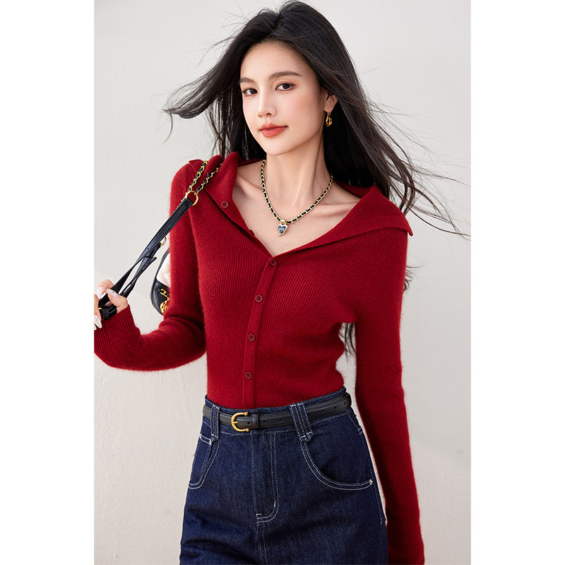 品牌正品女装衣服断码特价清仓 不退换-酒红色长袖针织衫女秋季新