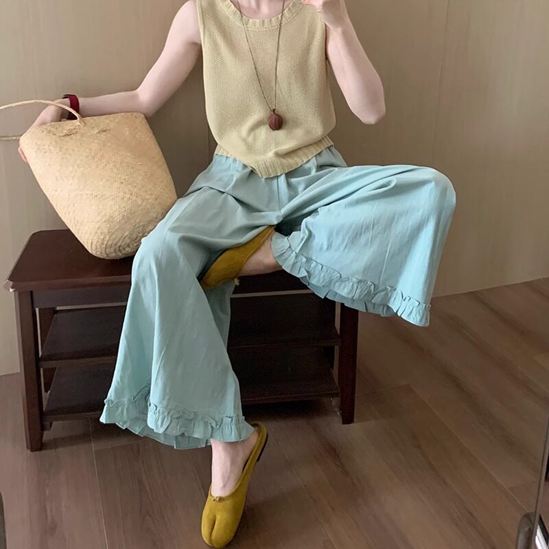 品牌折扣正品女装断码清仓特价不能退换藏青色棉麻阔腿裤女夏季新