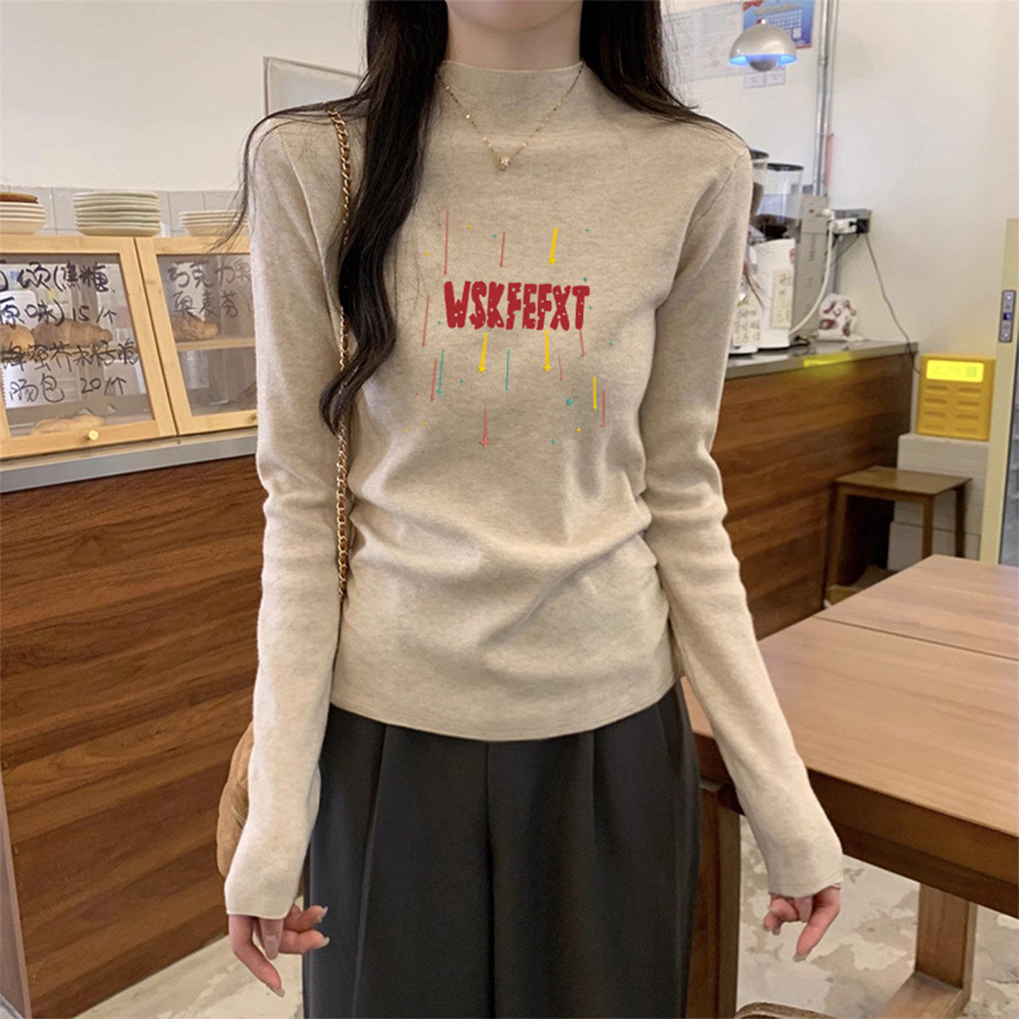 品牌正品女装衣服断码特价清仓 不退换-印花半高领棉打底衫女秋