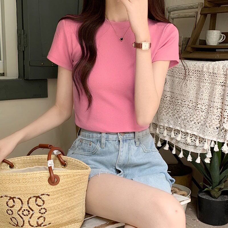 品牌折扣正品女装断码清仓特价不能退换酒红色冰丝针织短袖t恤女