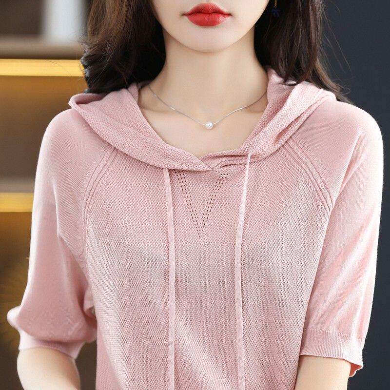 品牌折扣正品女装断码清仓特价不能退换粉色连帽五分袖T恤女秋季