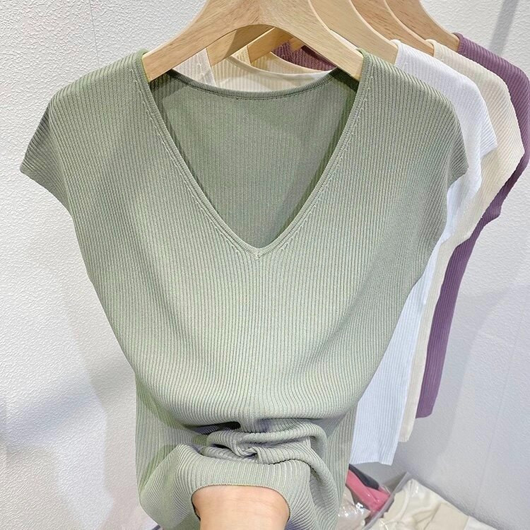 品牌正品女装衣服断码特价清仓 不接受退换-咖色V领冰丝针织短袖t