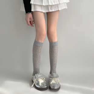 夜间教习室灰色小腿袜女薄款 中筒袜 透气学院风jk长筒堆堆袜子春款