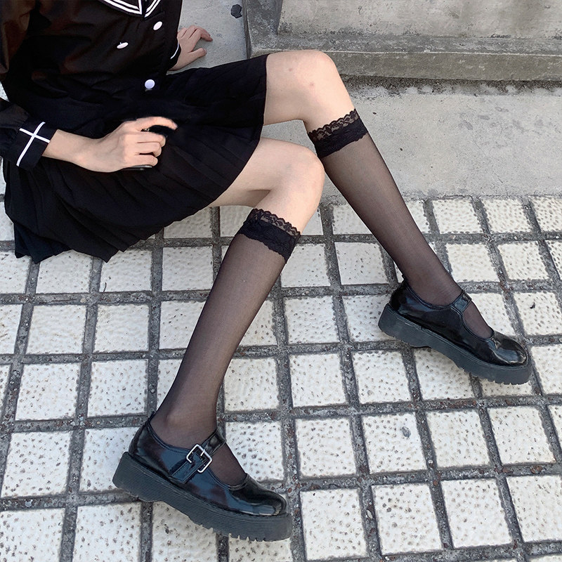 黑色丝袜蕾丝边透明小腿袜jk春秋袜子女中筒袜黑丝美腿白色lolita