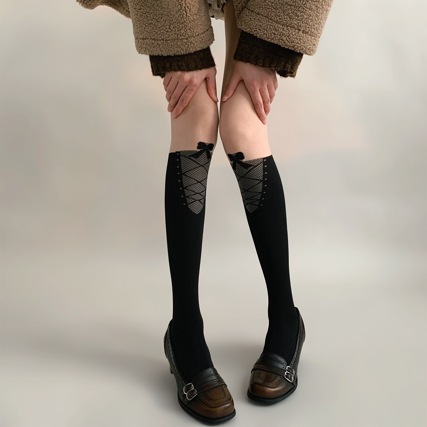 夜间教习室丝袜女秋冬蝴蝶结绑带印花美肤袜日系长筒假小腿连裤袜