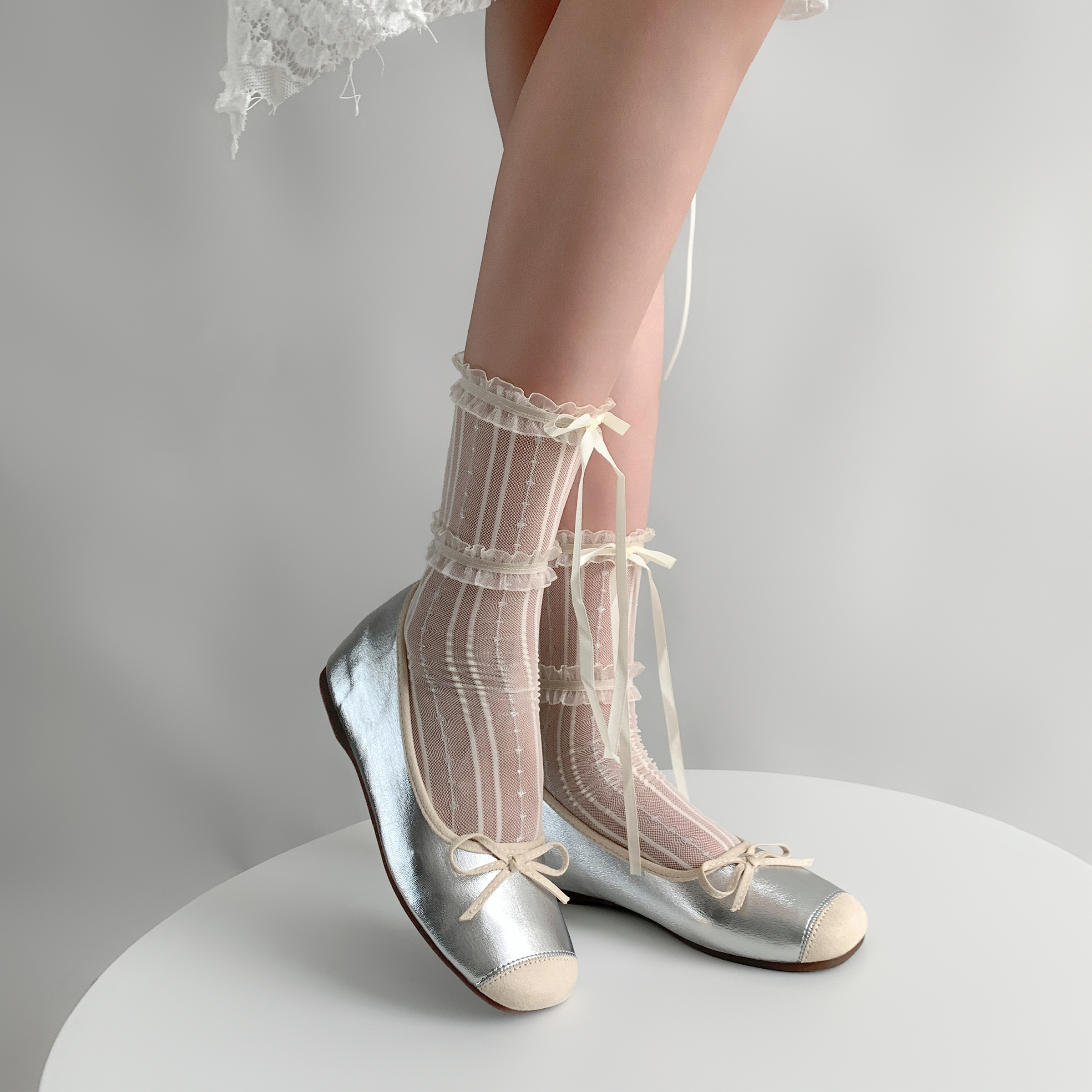 夜间教习室蝴蝶结袜子女夏薄款白色芭蕾风蕾丝网纱花边中筒堆堆袜