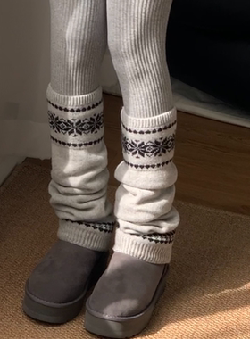 夜间教习室袜套堆堆袜秋冬雪花纹设计感中筒雪地靴针织灰色小腿套