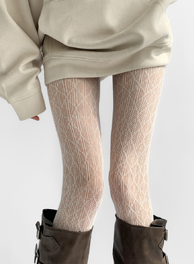 夜间教习室蕾丝丝袜女春秋薄款性感镂空春季连裤袜白色超薄打底裤