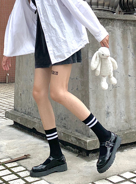 夜间教习室条纹袜子女秋款二杠黑色小腿袜中筒学院风百搭外穿jk袜