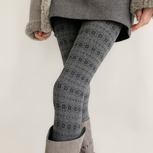 夜间教习室灰色连裤袜女秋冬复古提花保暖圣诞雪花波浪日系打底裤