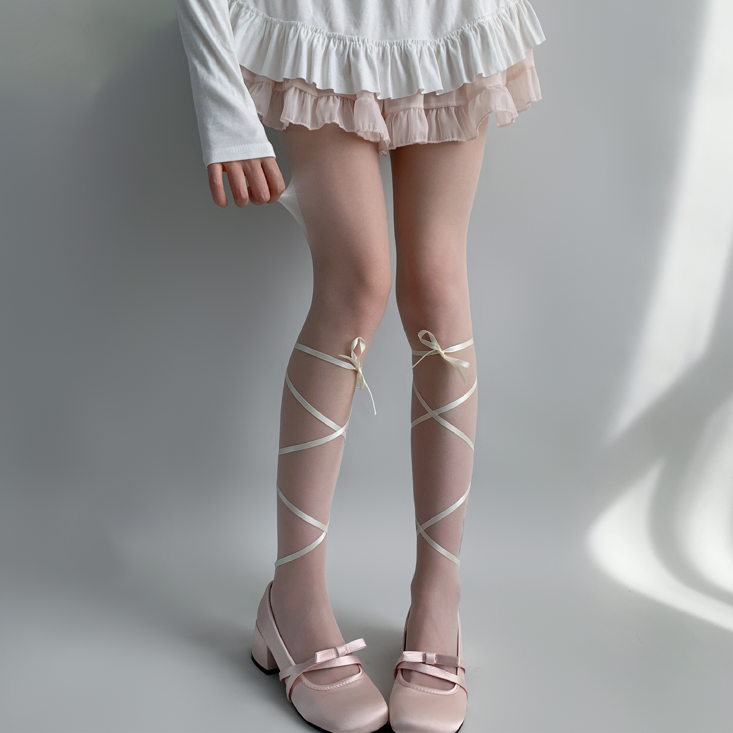 夜间教习室白色丝袜女夏薄款芭蕾风美肤袜lolita蝴蝶结绑带连裤袜