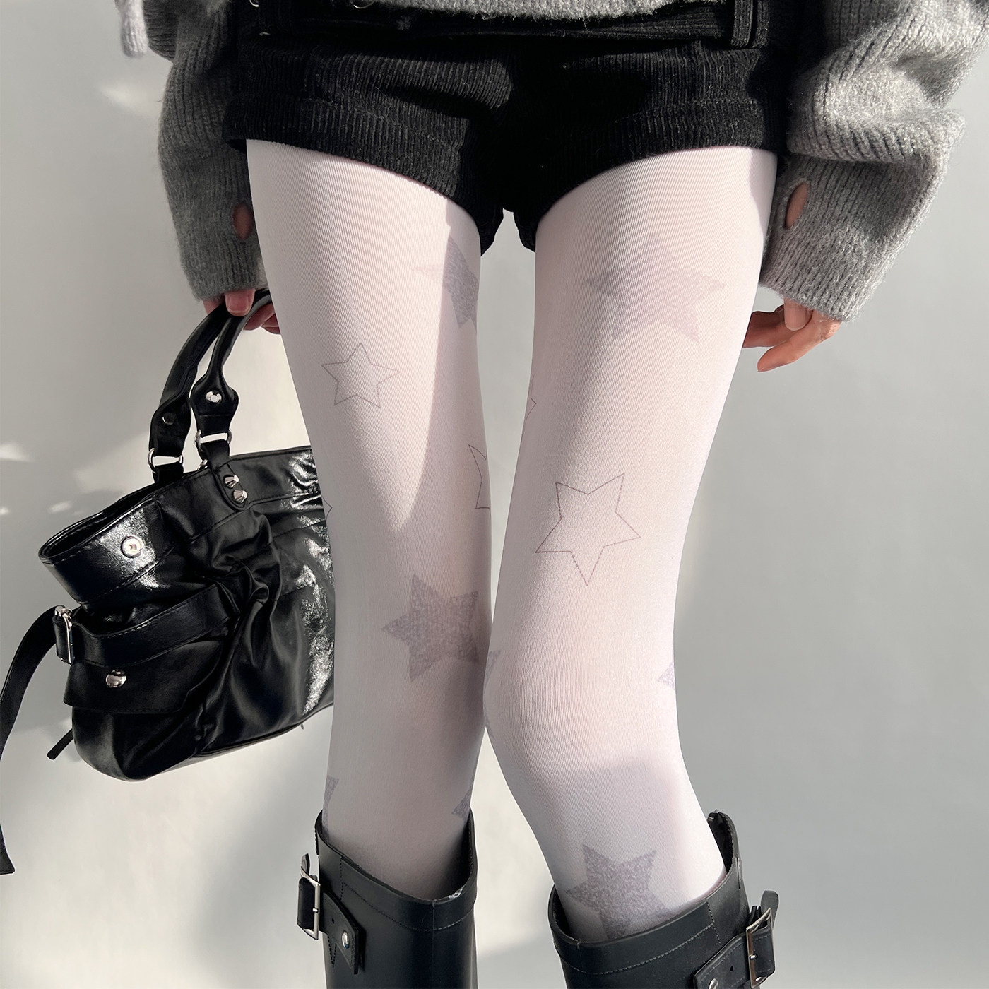 夜间教习室白色连裤袜女秋冬薄款星星印花纯欲丝袜日系靴袜打底裤