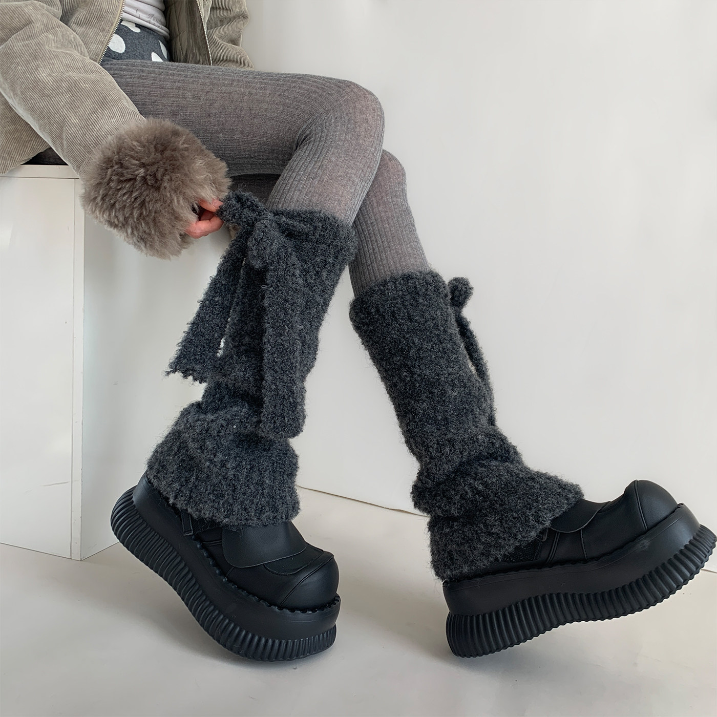 夜间教习室灰色袜套女秋冬复古微喇显瘦长筒堆堆袜蝴蝶结绑带腿套,女士内衣/男士内衣/家居服,中筒袜,淘宝优惠券,粉丝福利购,淘宝优惠卷