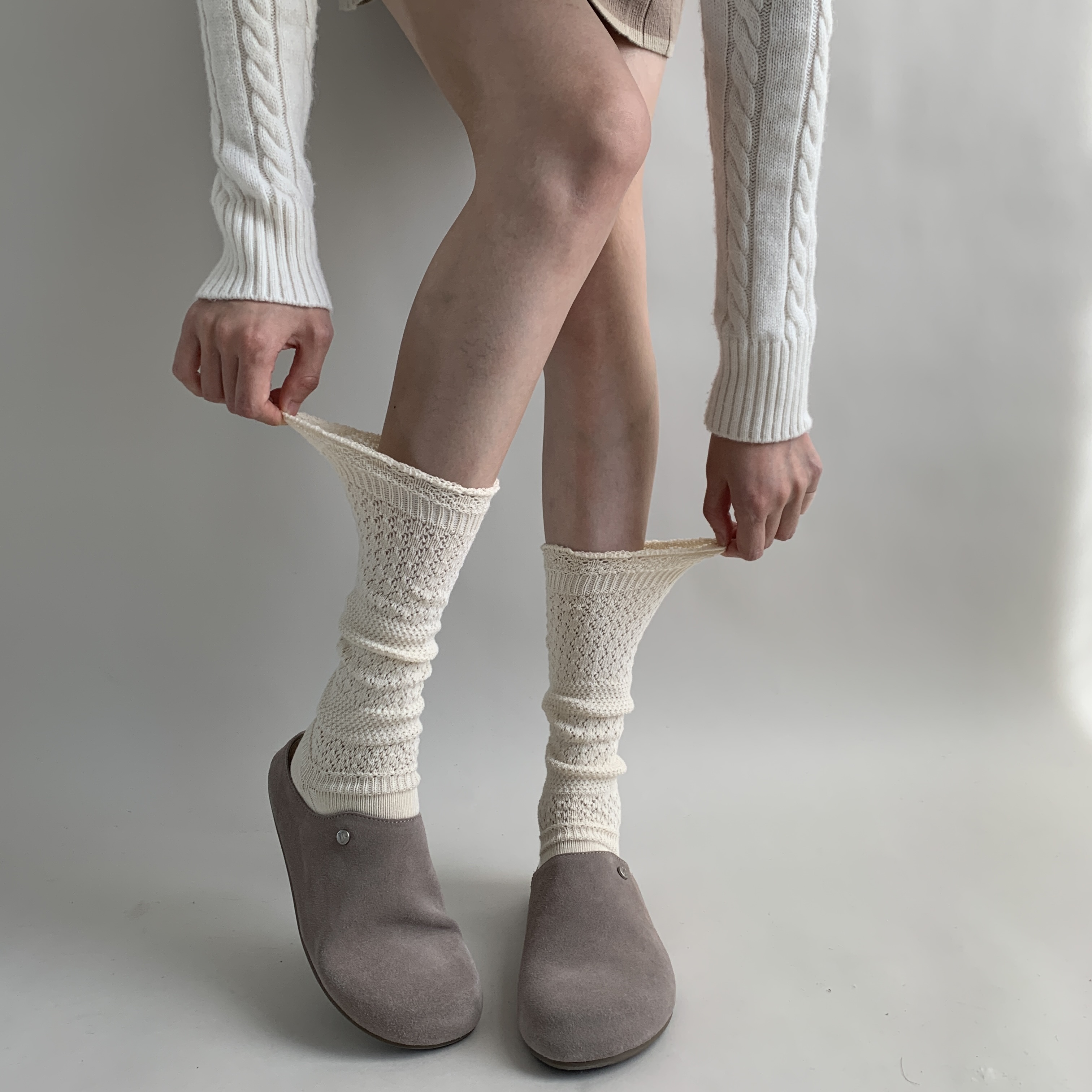 夜间教习室白色小腿袜女夏薄款镂空透气网眼堆堆袜针织拼接中筒袜