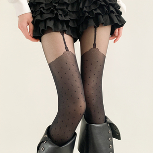 袜子拼接性感黑丝 假大腿波点印花连裤 夜间教习室黑色丝袜女款 春款