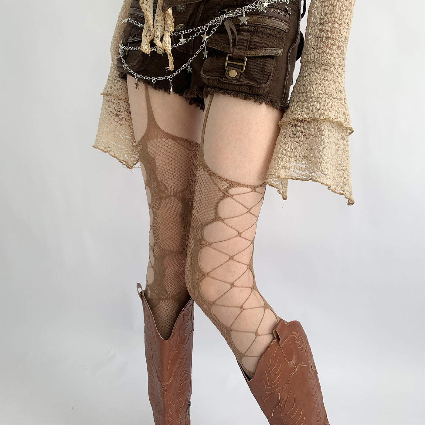 夜间教习室咖色吊带袜一体式长筒丝袜女夏薄款性感蕾丝镂空渔网袜